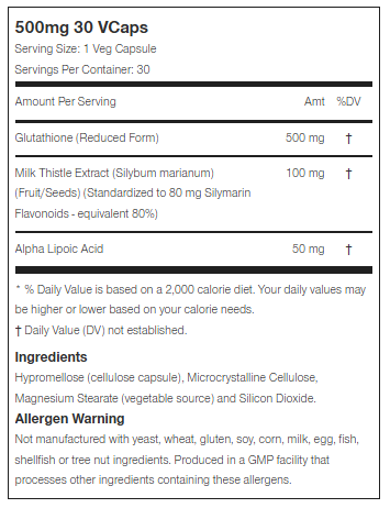 Glutathione (500mg) with Milk Thistle & Alpha Lipoic Acid - 30 Veg Cap Safe Remedies Glutathione (500mg) with Milk Thistle & Alpha Lipoic Acid - 30 Veg Cap Safe Remedies
